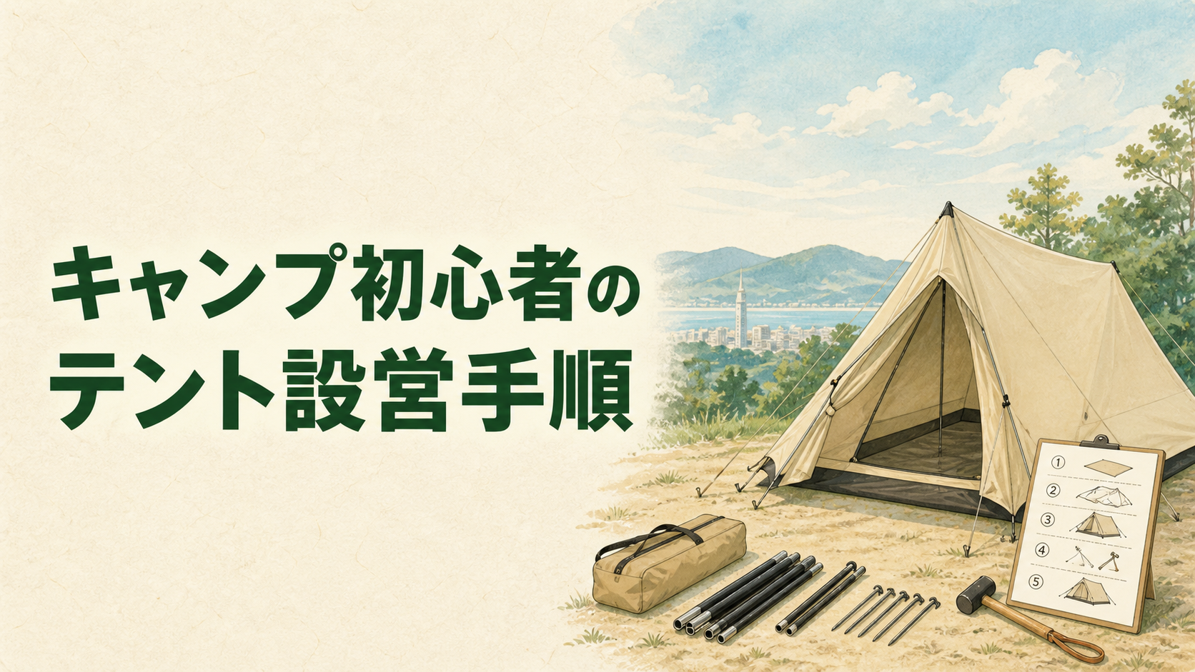 初心者がテントを設営する手順のイラスト