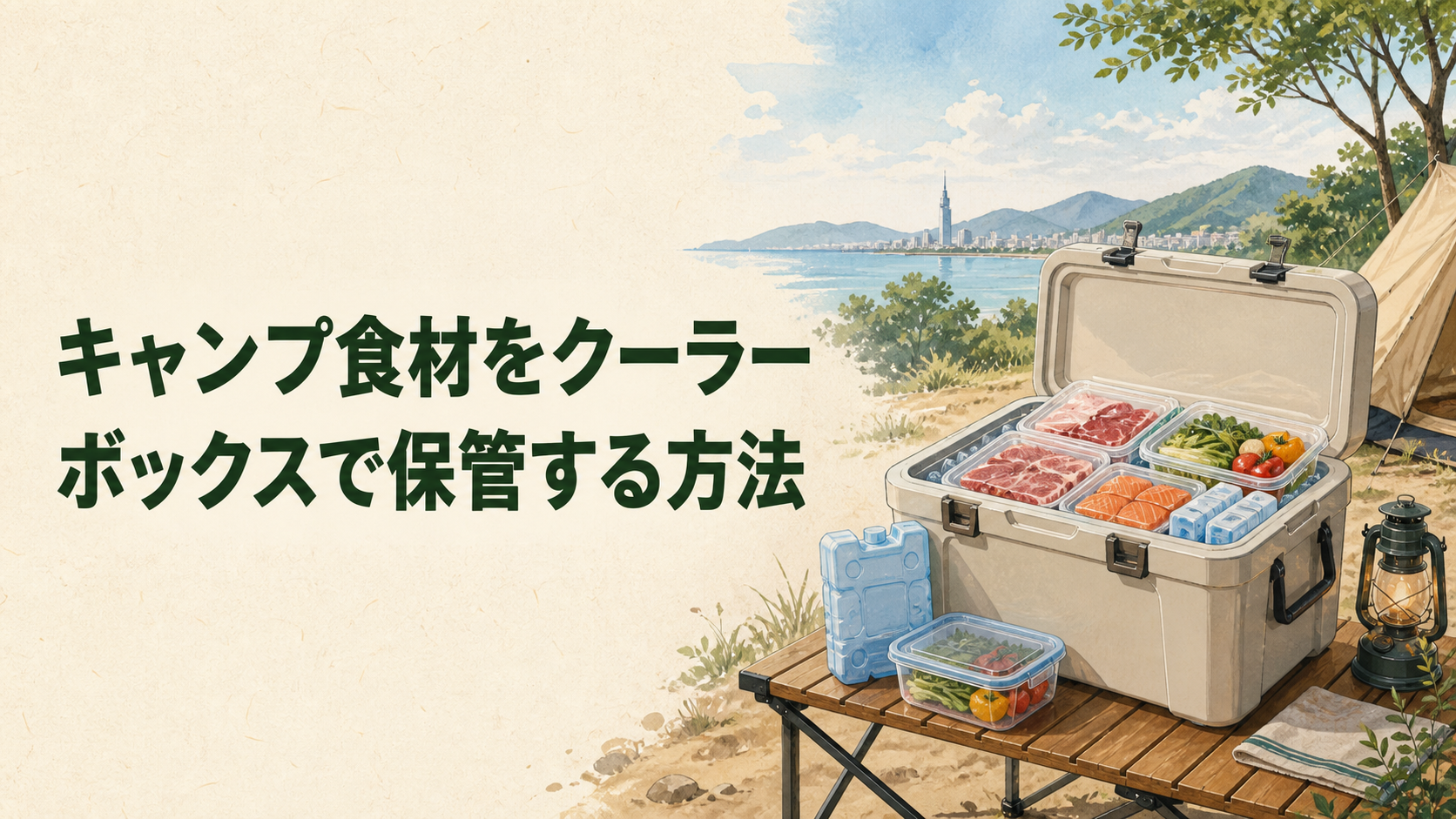 キャンプ食材をクーラーボックスで衛生的に保冷するイラスト