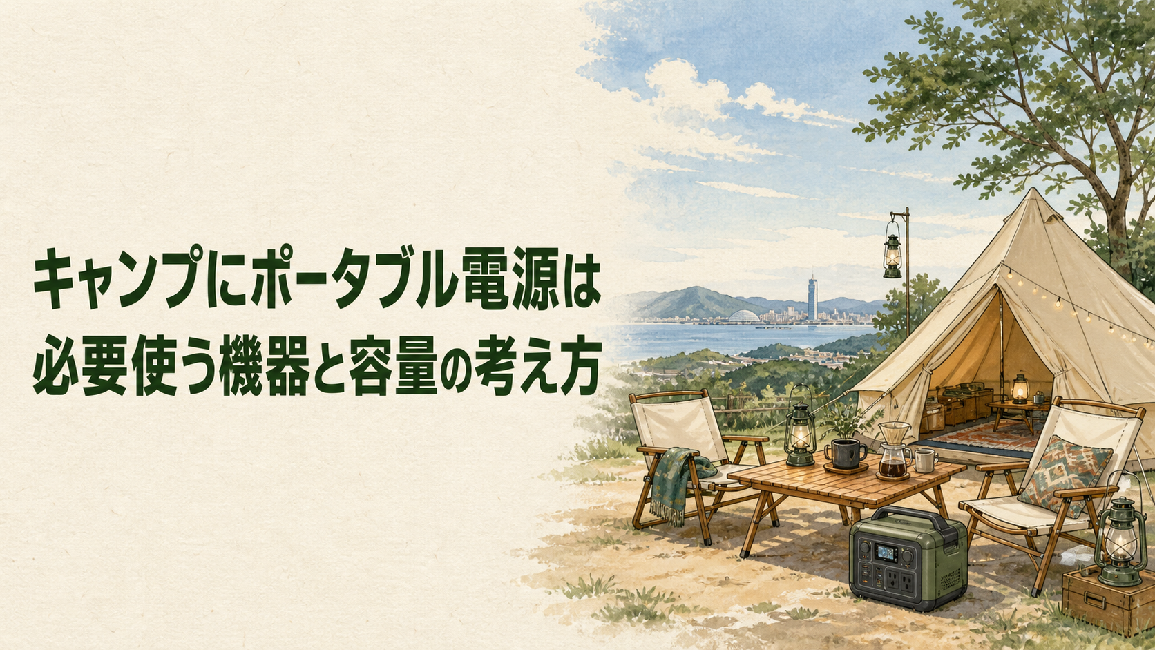 キャンプでポータブル電源が必要か考えるイラスト