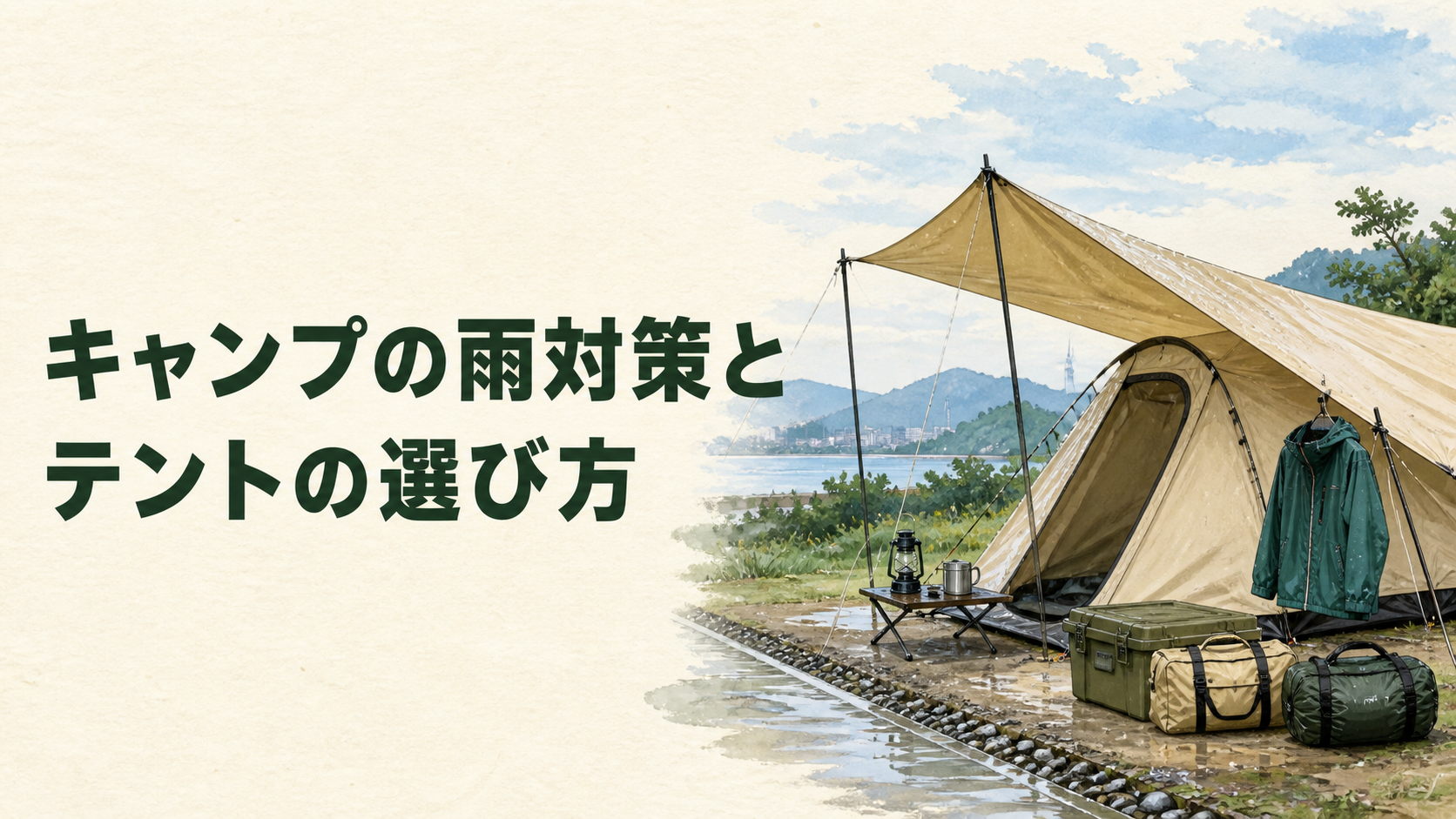雨の日のキャンプでテントを守るイラスト