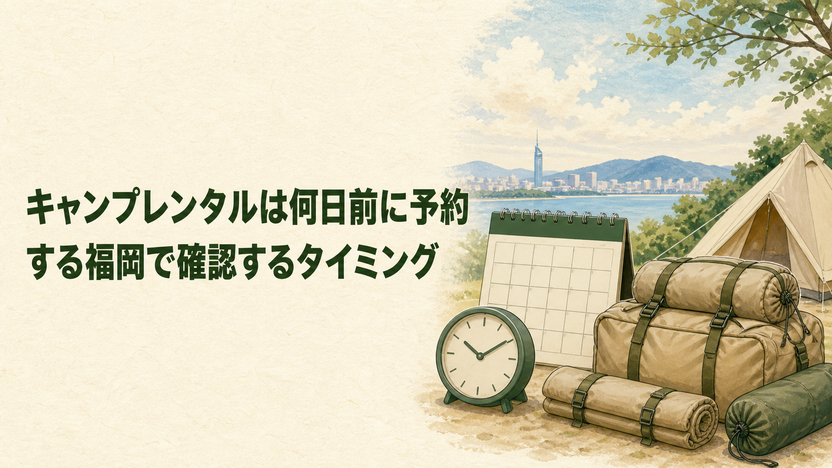 キャンプレンタルを何日前に予約するか考えるイラスト