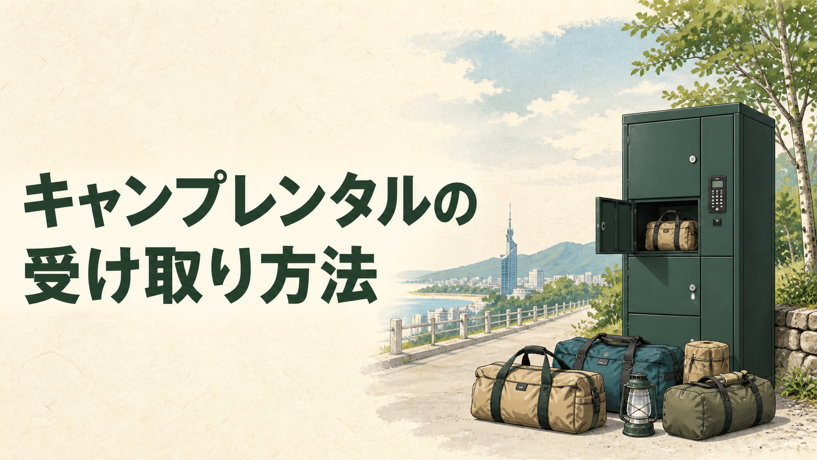 福岡の無人BOXでキャンプ用品を受け取るイラスト