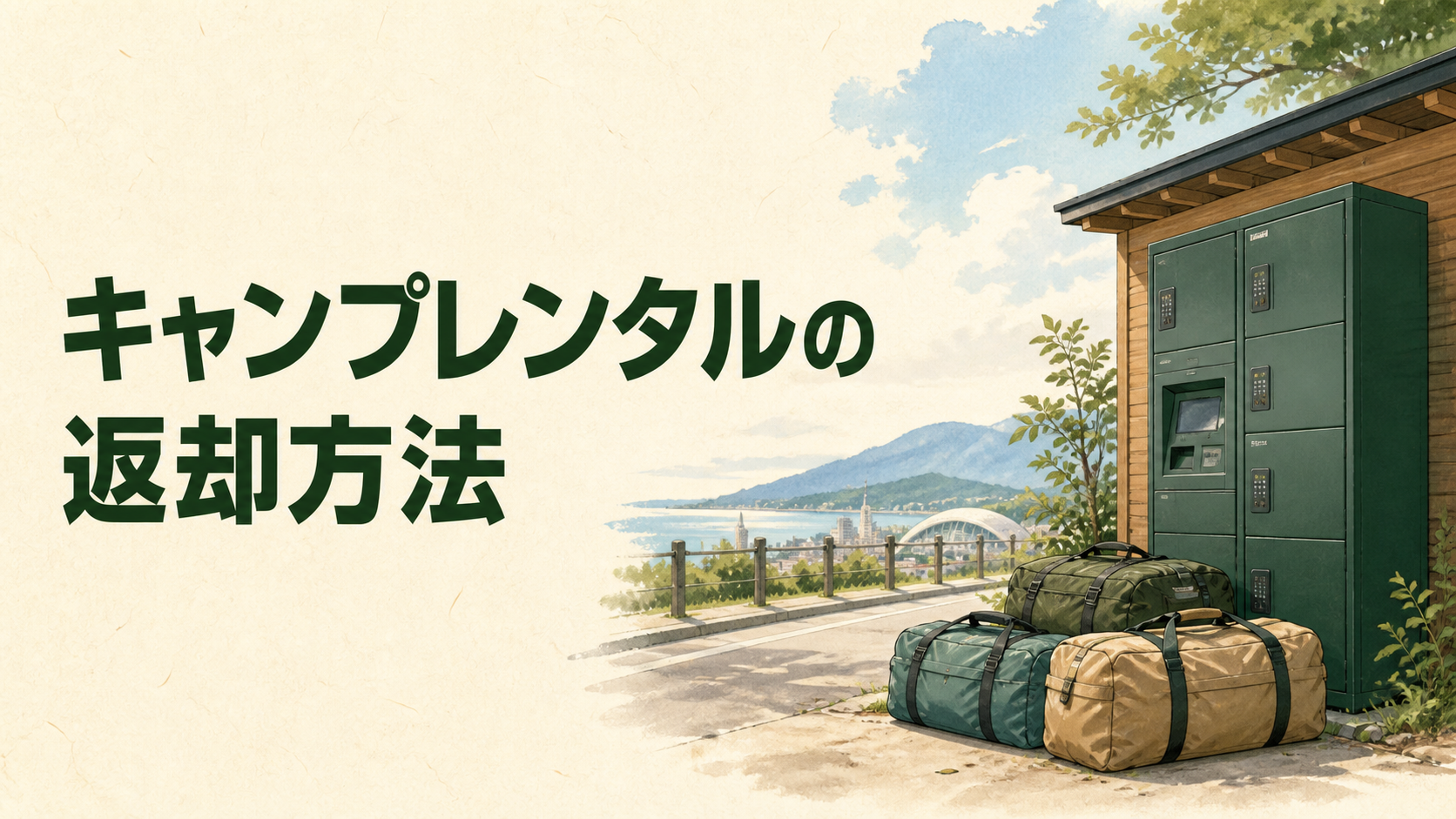 キャンプ用品を無人BOXへ返却するイラスト