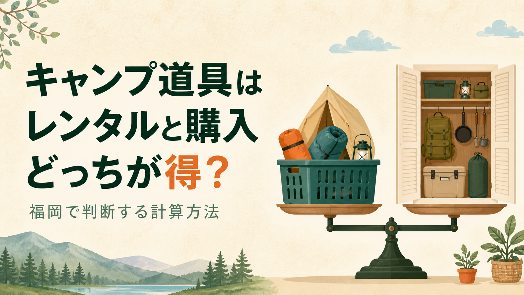 キャンプ道具のレンタルと購入を比較するイラスト