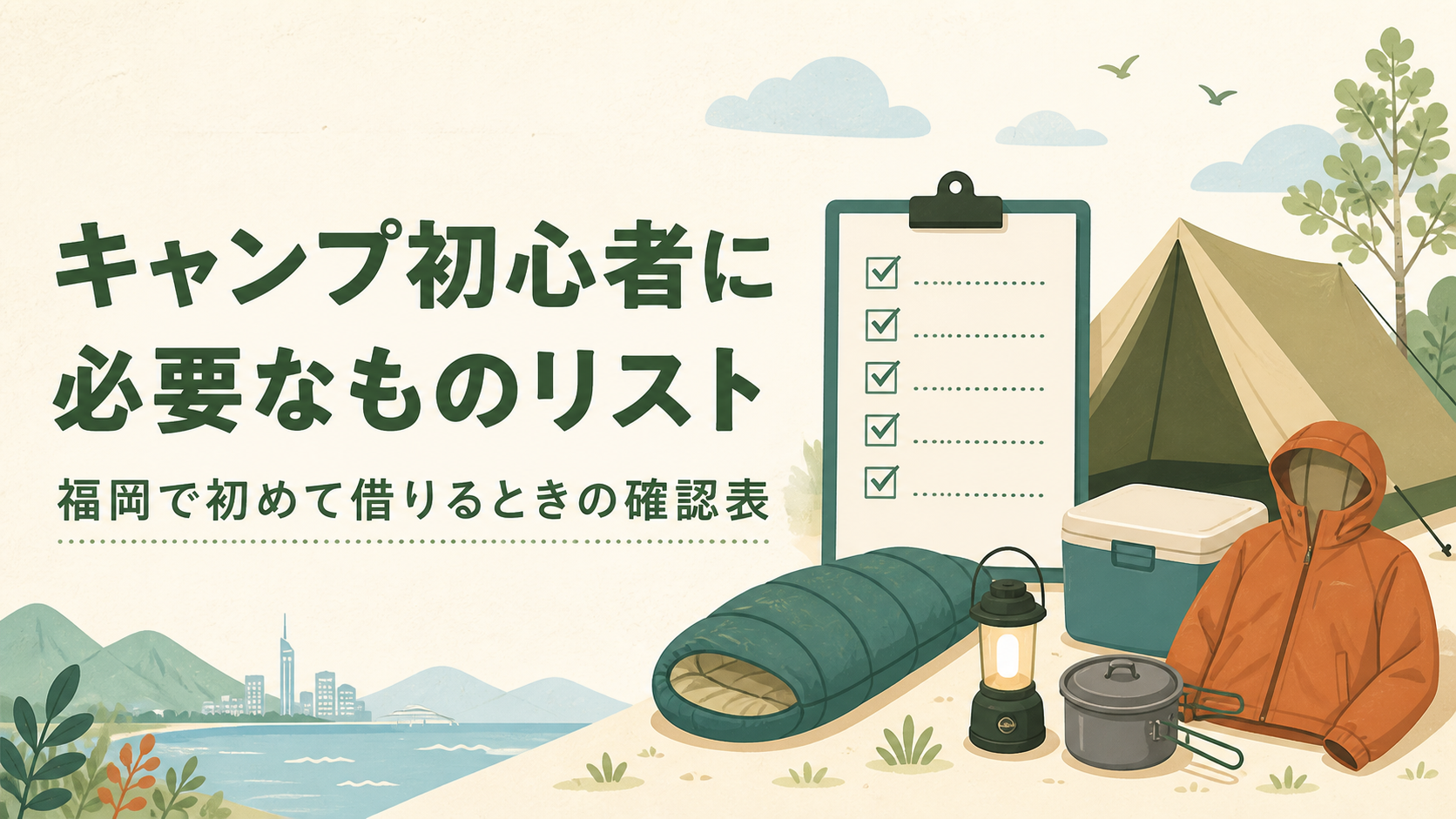 キャンプ初心者に必要なものをまとめたイラスト