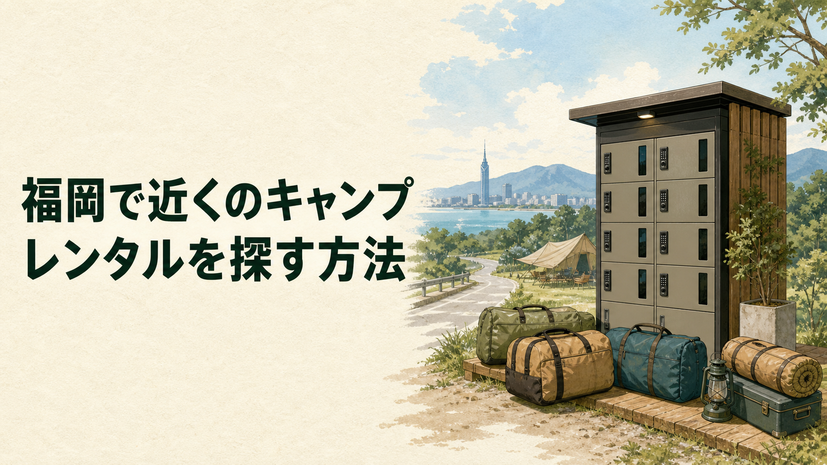 福岡で近くのキャンプレンタルを探すイラスト