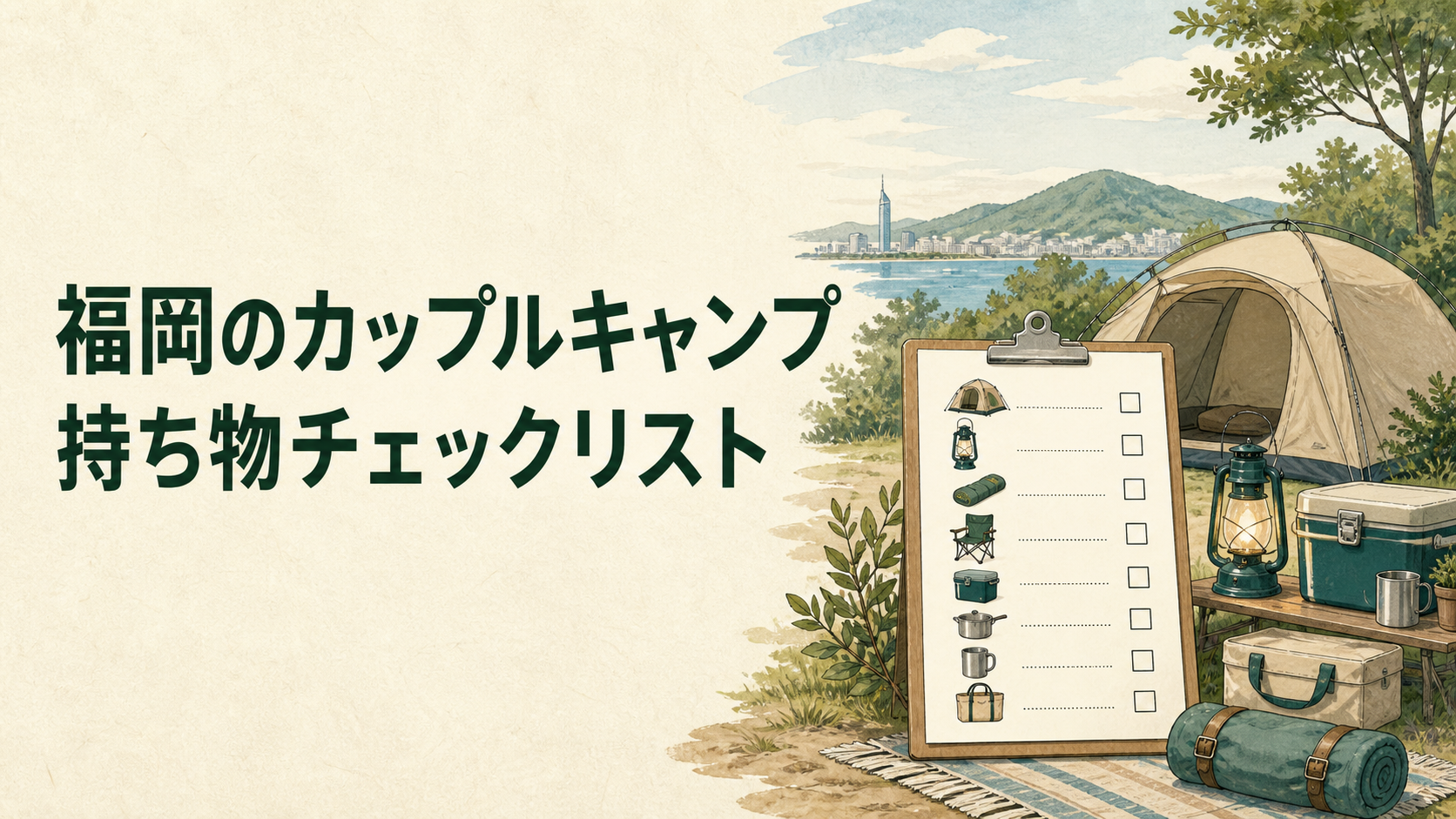 2人でキャンプの持ち物を分担して確認するイラスト