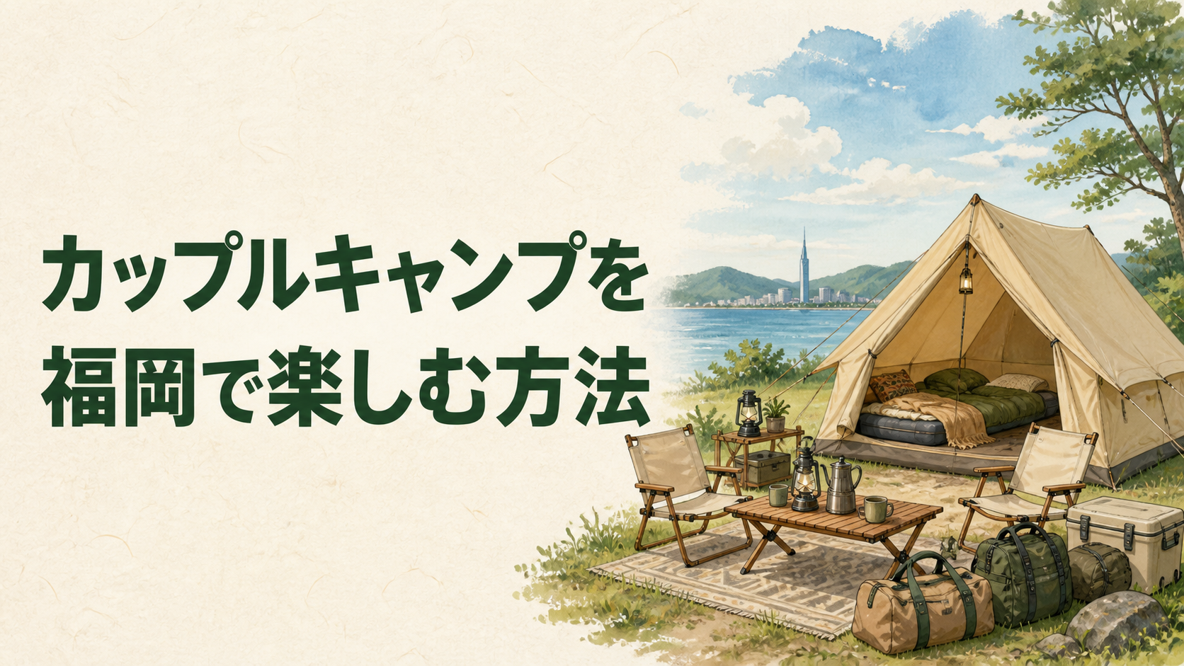 福岡でカップルキャンプを楽しむイラスト