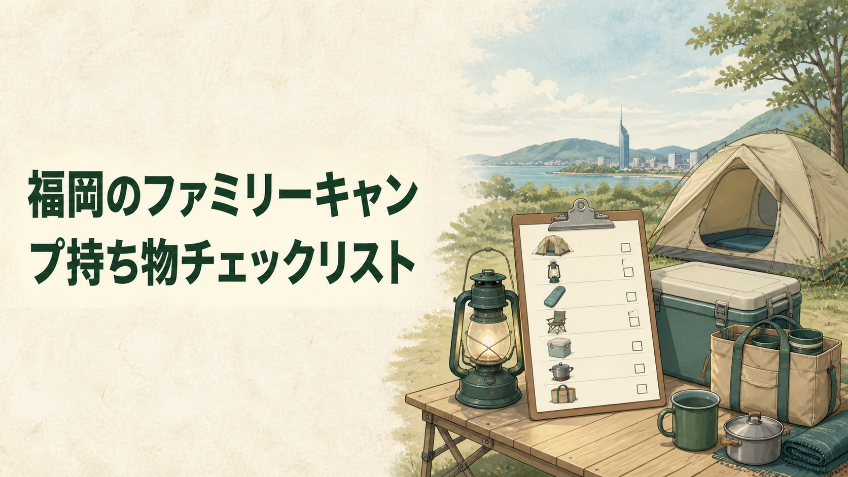 ファミリーキャンプの持ち物を確認するイラスト