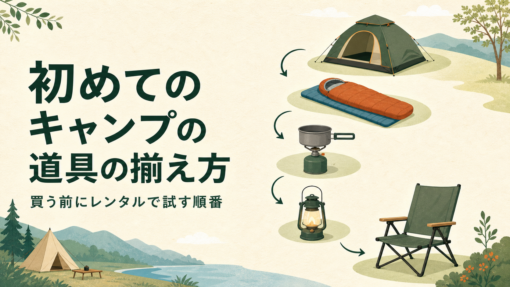 初めてのキャンプの道具の揃え方を示すイラスト