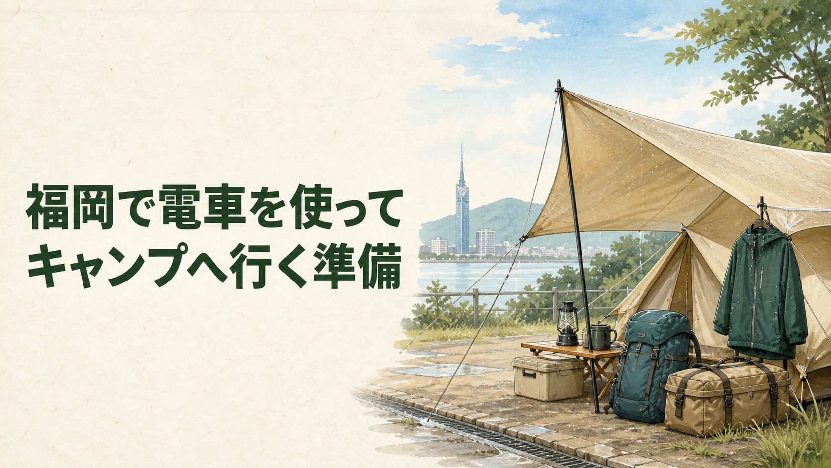 電車でキャンプ用品を運ぶ計画を表したイラスト