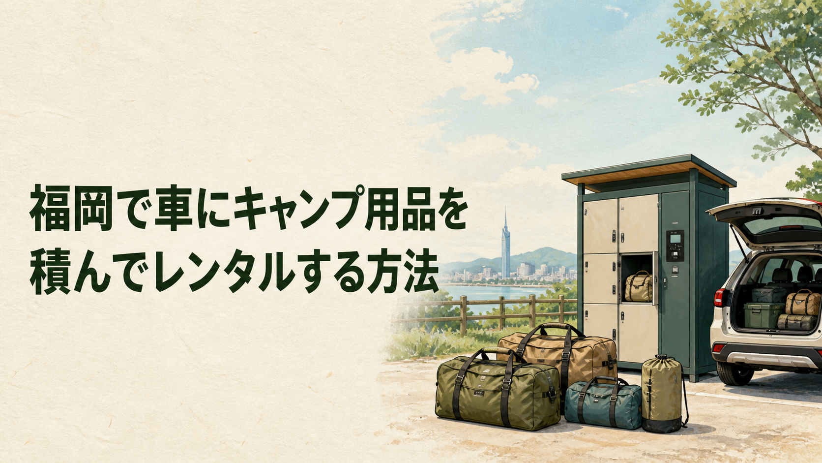 車にキャンプ用品を積み込む手順のイラスト