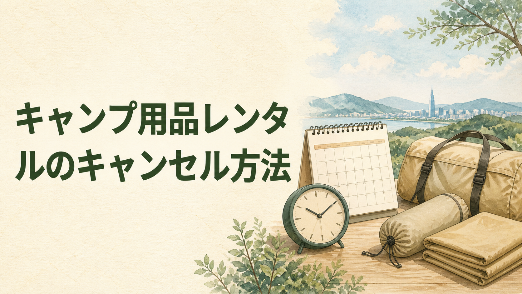 キャンプ用品レンタルのキャンセル条件を確認するイラスト