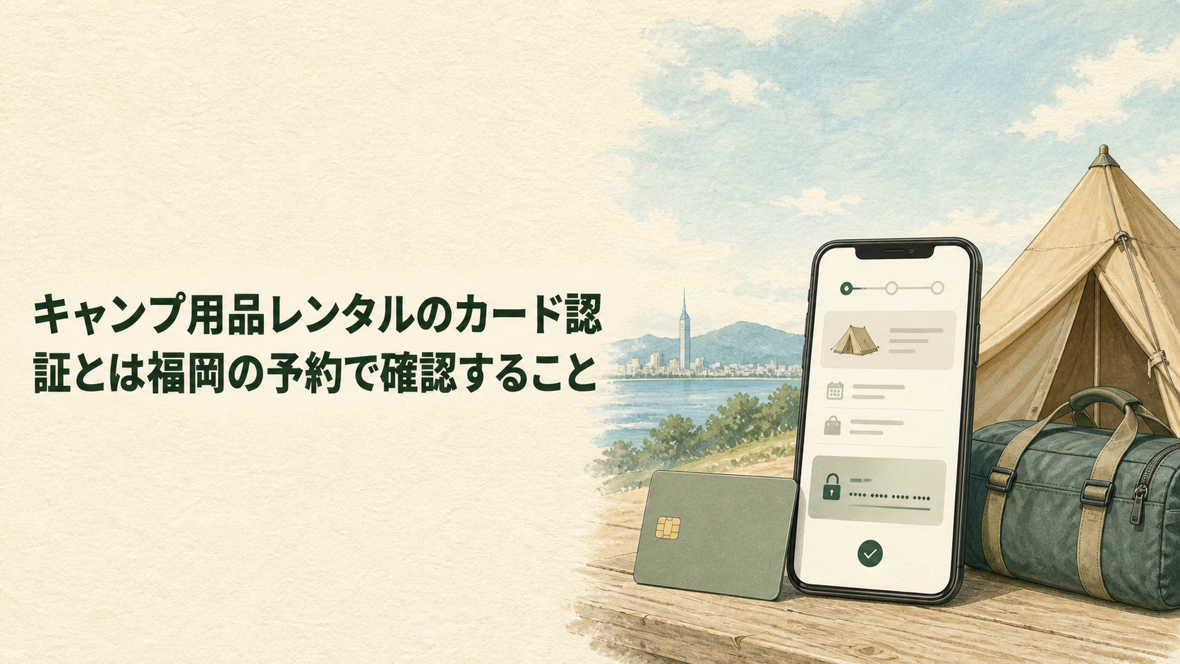 キャンプ用品レンタルのカード認証と予約確認の流れのイラスト