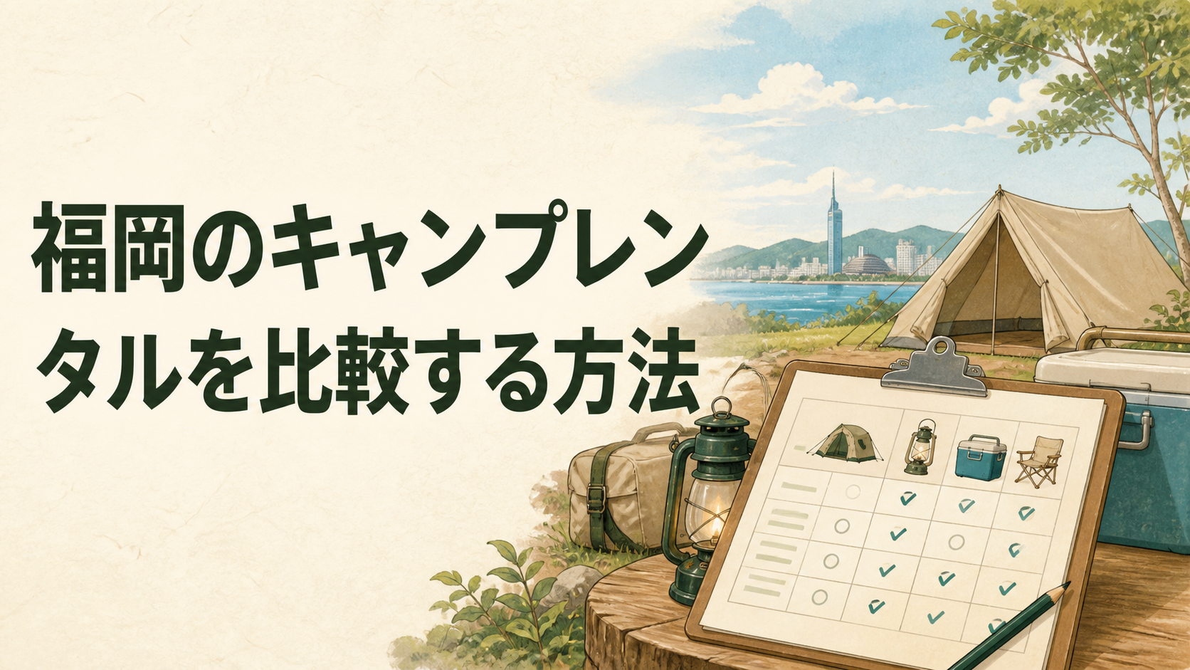 福岡のキャンプレンタルを比較するイラスト