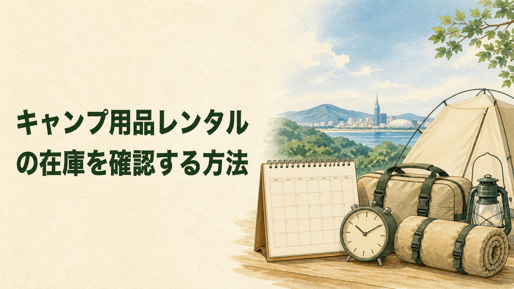 キャンプ用品レンタルの在庫と日程を確認するイラスト