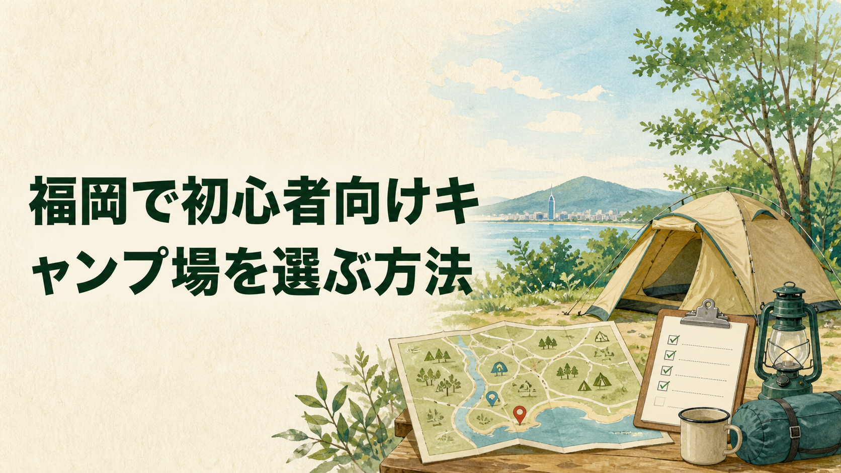 初心者が福岡のキャンプ場を選ぶ比較項目のイラスト