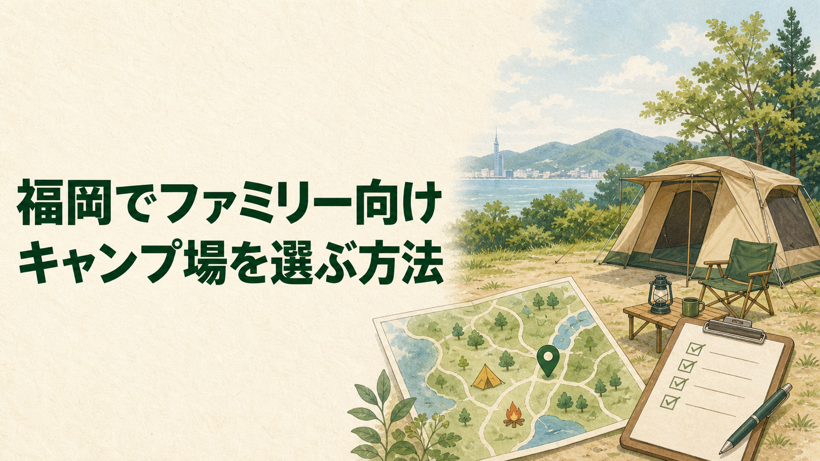 家族が福岡のキャンプ場で安全な区画を選ぶイラスト