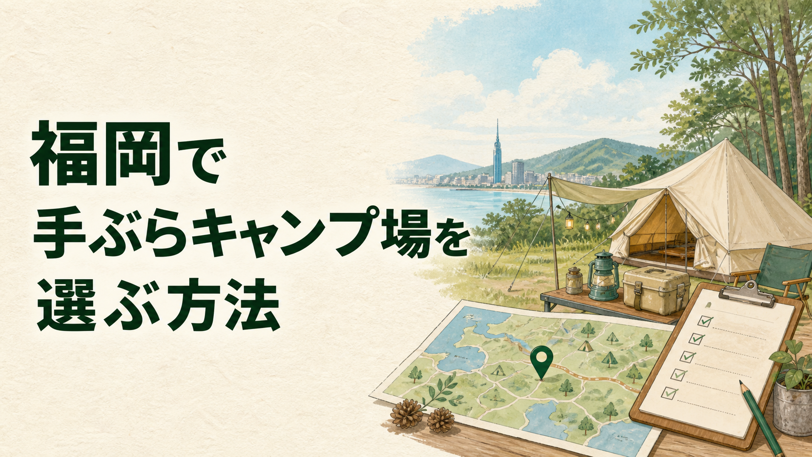 福岡で手ぶらキャンプの準備を確認するイラスト