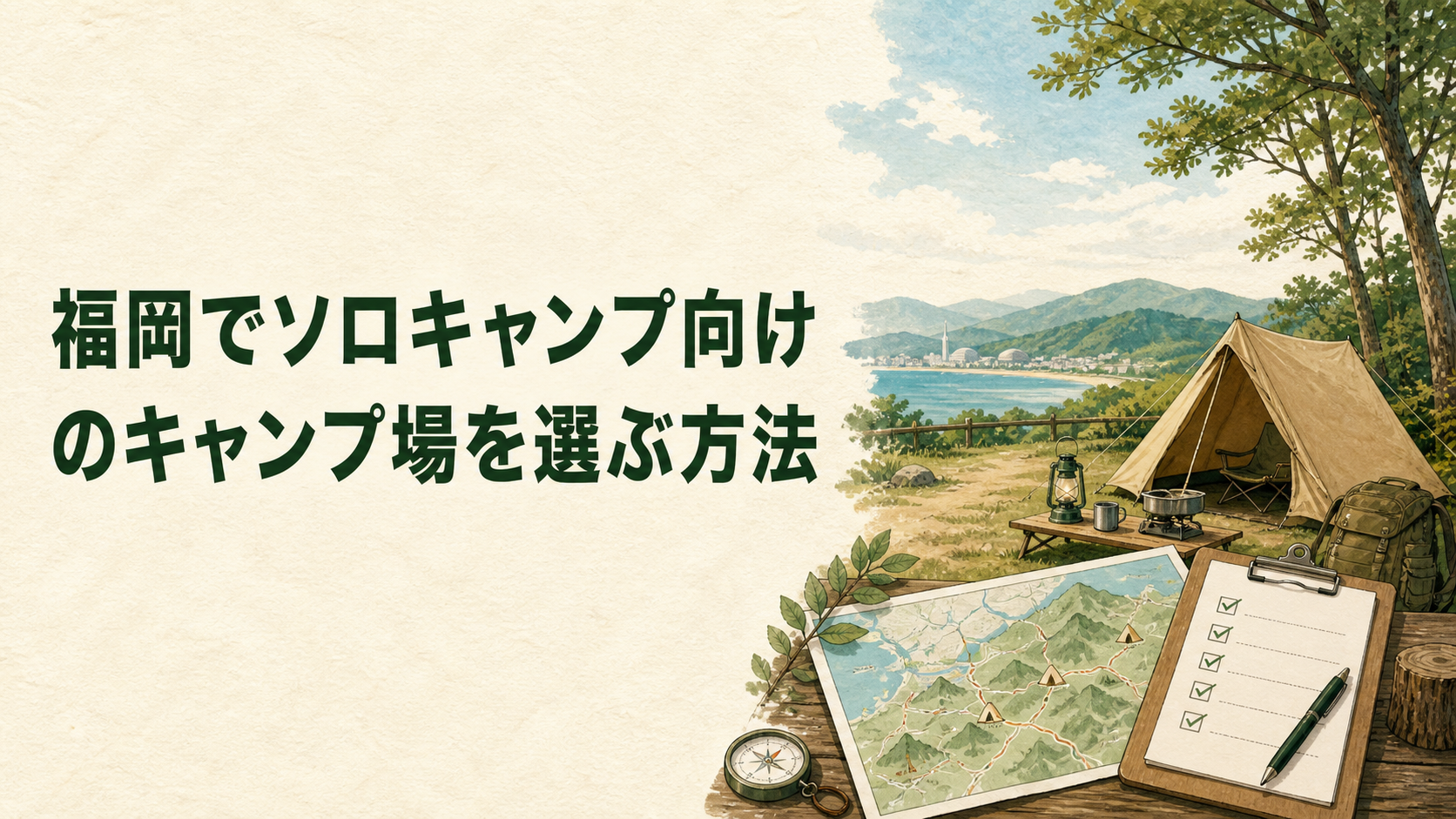 ソロキャンプに合う福岡のキャンプ場を選ぶイラスト