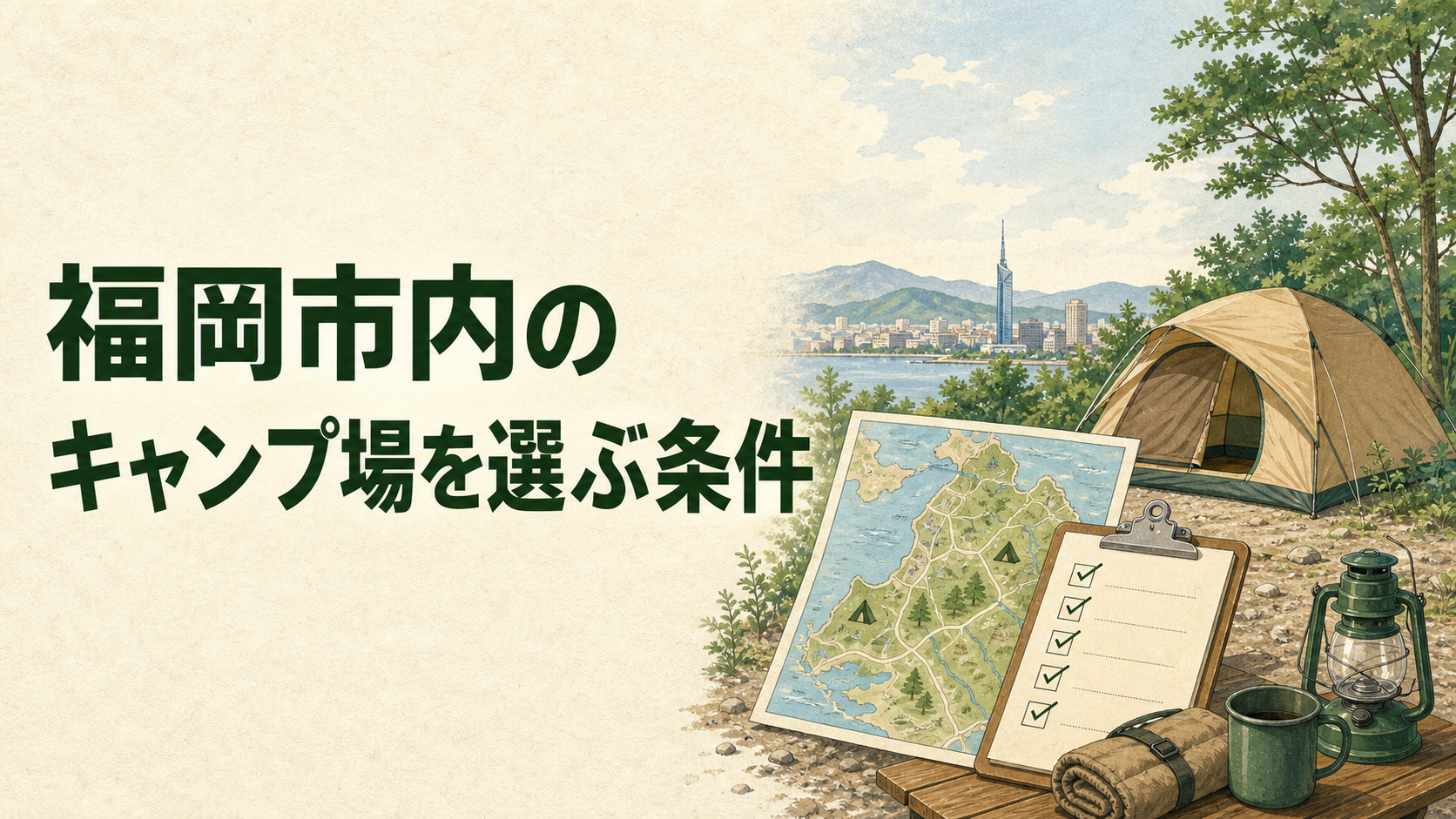 福岡市内のキャンプ場を選ぶイラスト