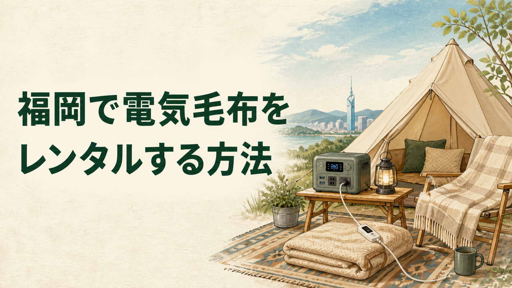 冬キャンプで電気毛布と寝具を使うイラスト