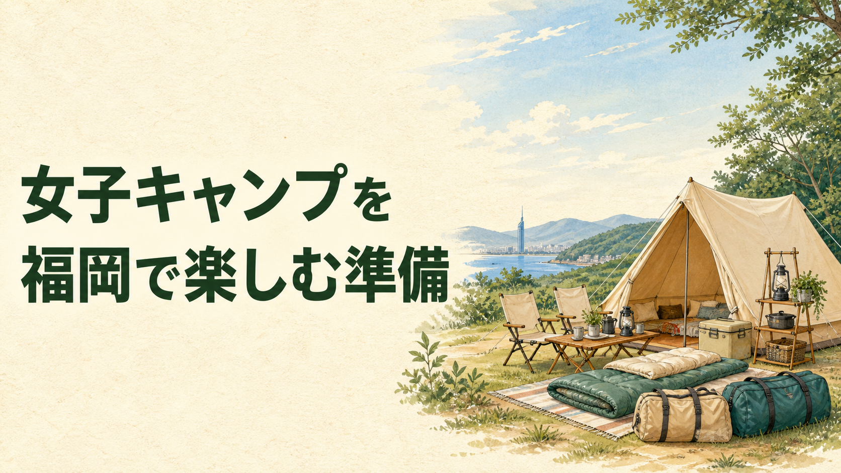 友人同士で福岡の女子キャンプを準備するイラスト