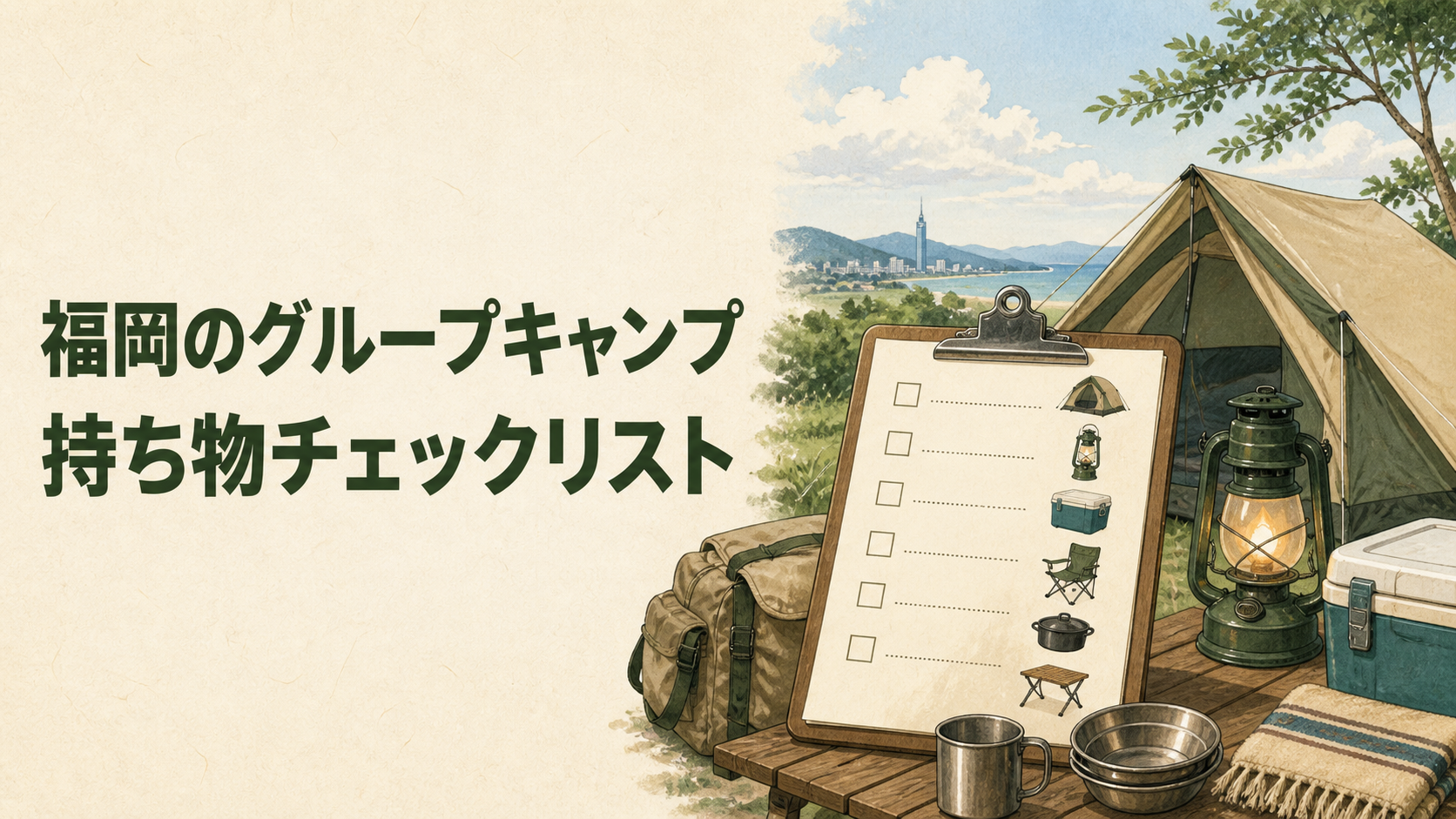 グループキャンプの持ち物と担当を確認するイラスト