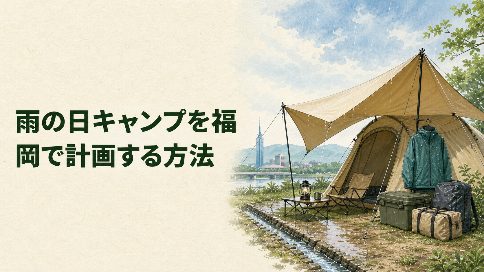 雨の日の福岡キャンプを計画するイラスト