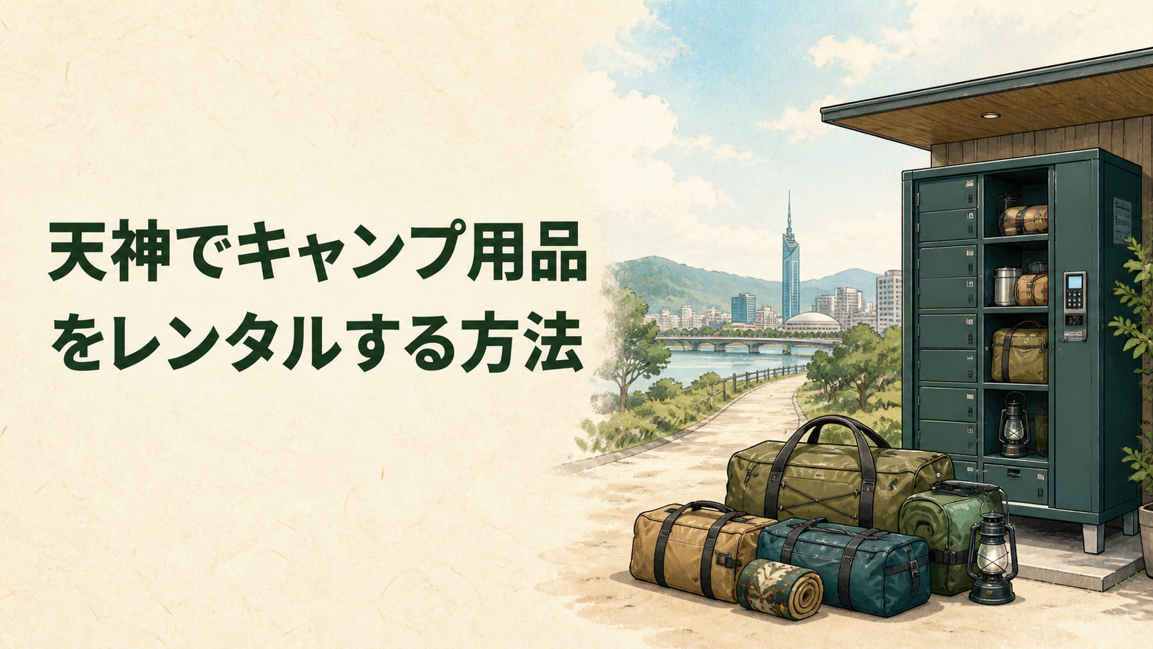 天神近くでキャンプ用品をレンタルする流れのイラスト