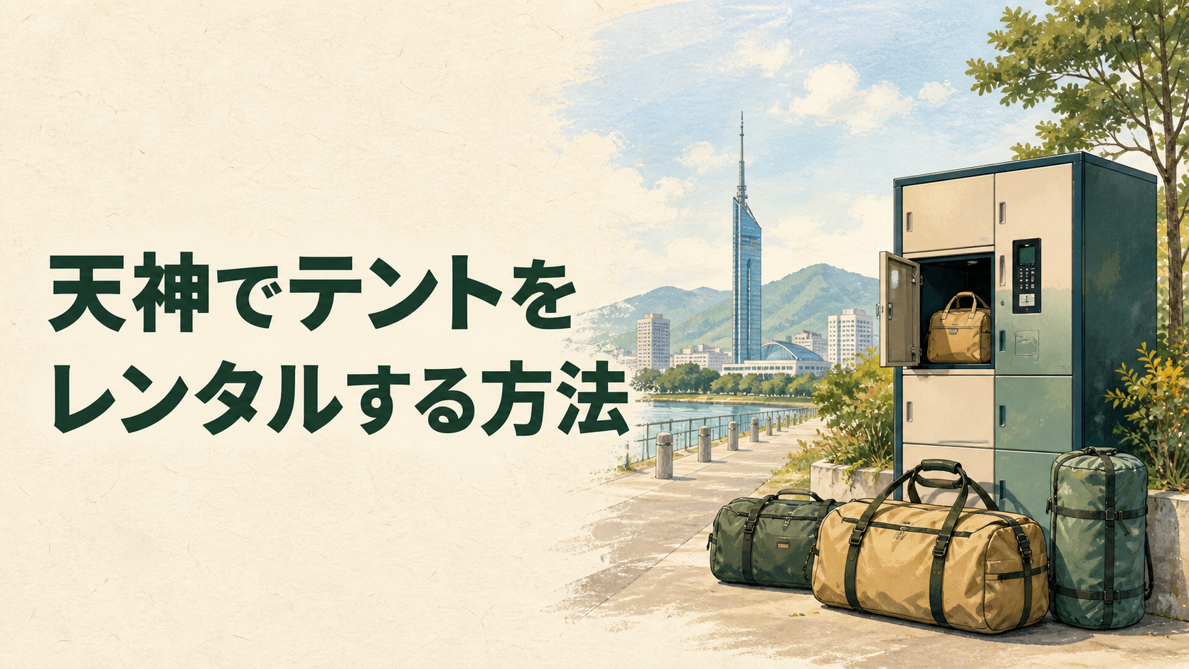 天神でテントをレンタルしてキャンプへ出発するイラスト