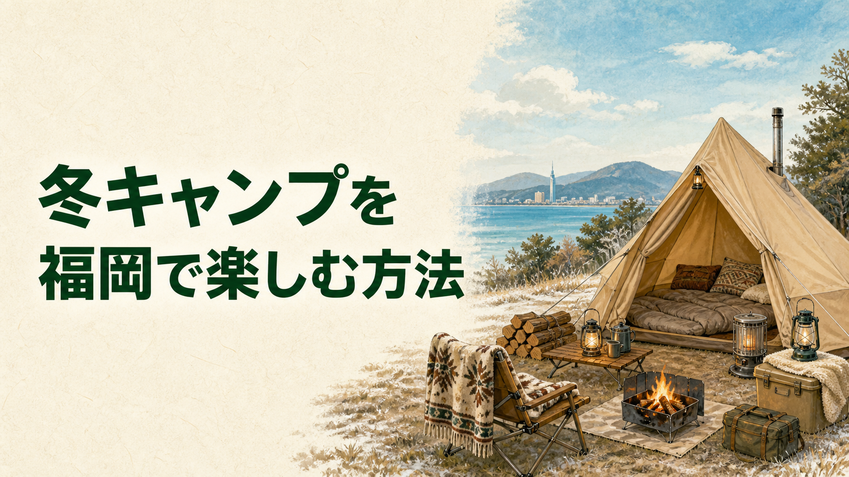 福岡の冬キャンプを計画するイラスト