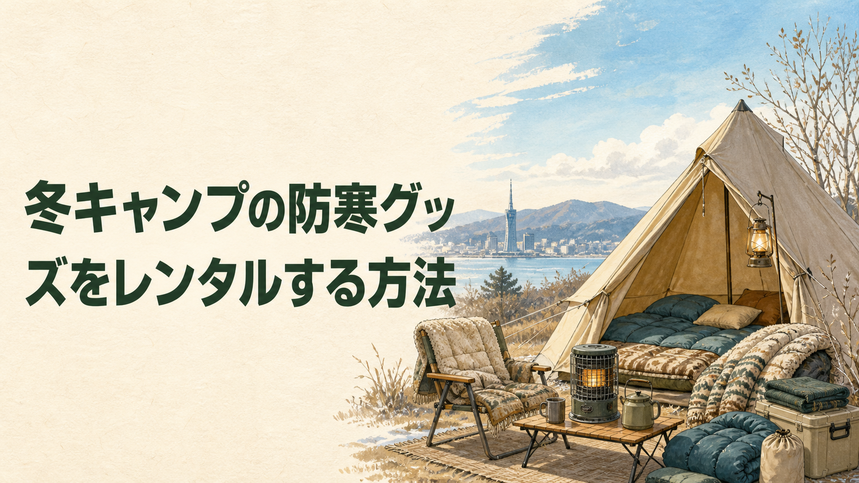 冬キャンプの防寒グッズを選ぶイラスト
