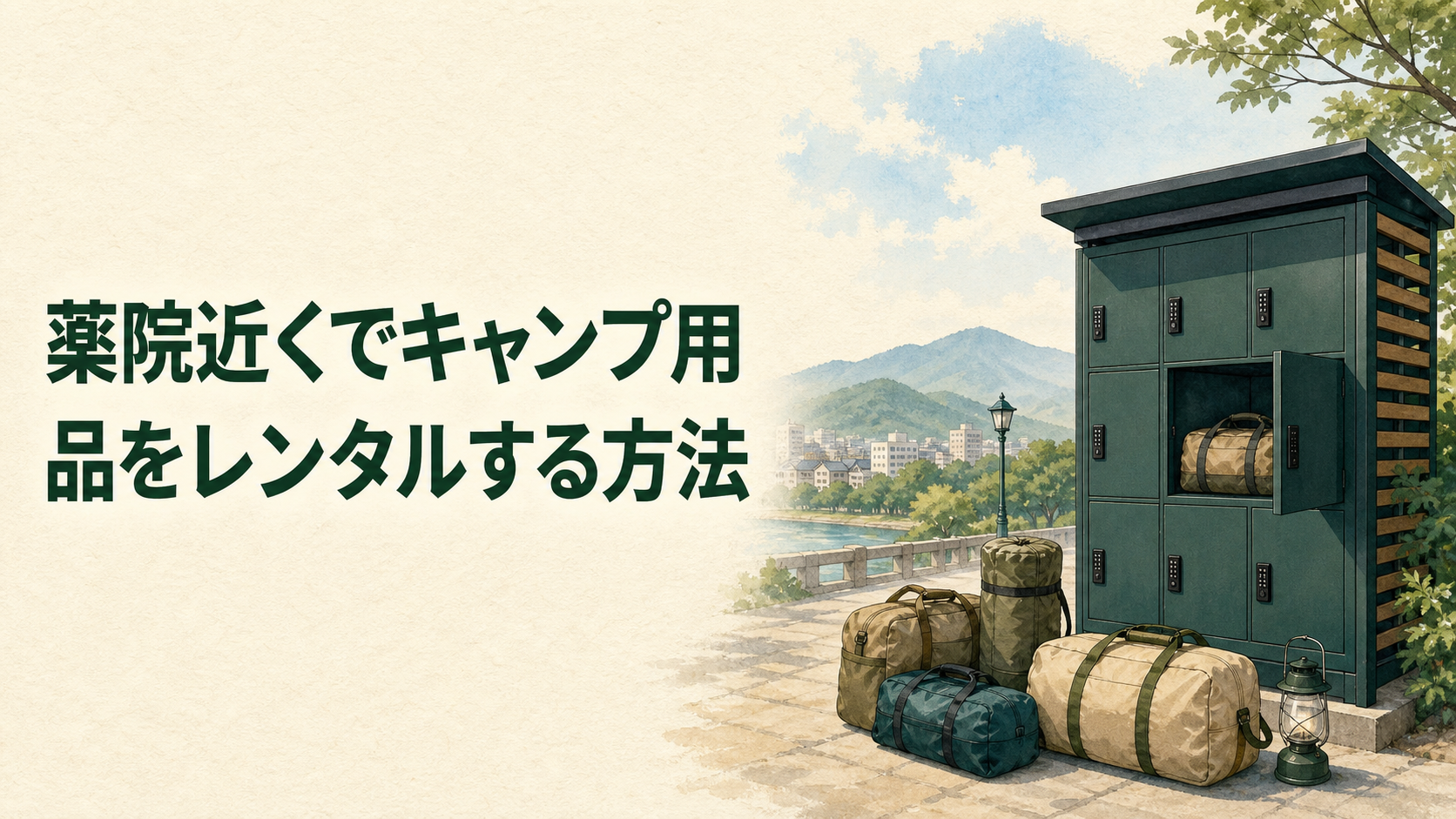 薬院近くの無人BOXでキャンプ用品を受け取るイラスト