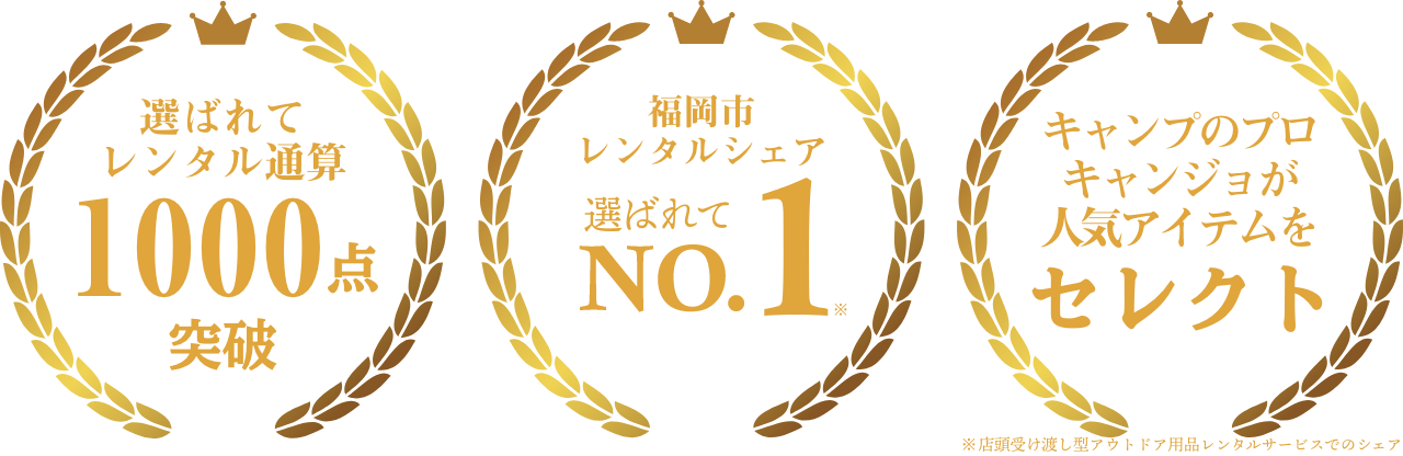 選ばれてレンタル通算1,000点突破、福岡市レンタルシェア選ばれてNo.1、キャンプのプロが人気アイテムをセレクト